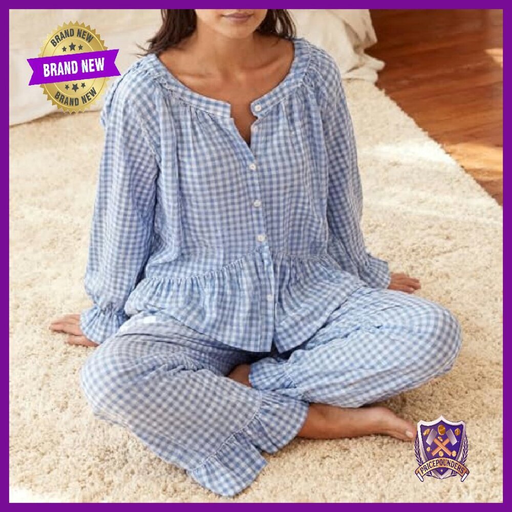 Women's Long Sleeve Cotton Pajama Set 2 Piece Ruffle Pjs Loungewear - Picture 6 of 8